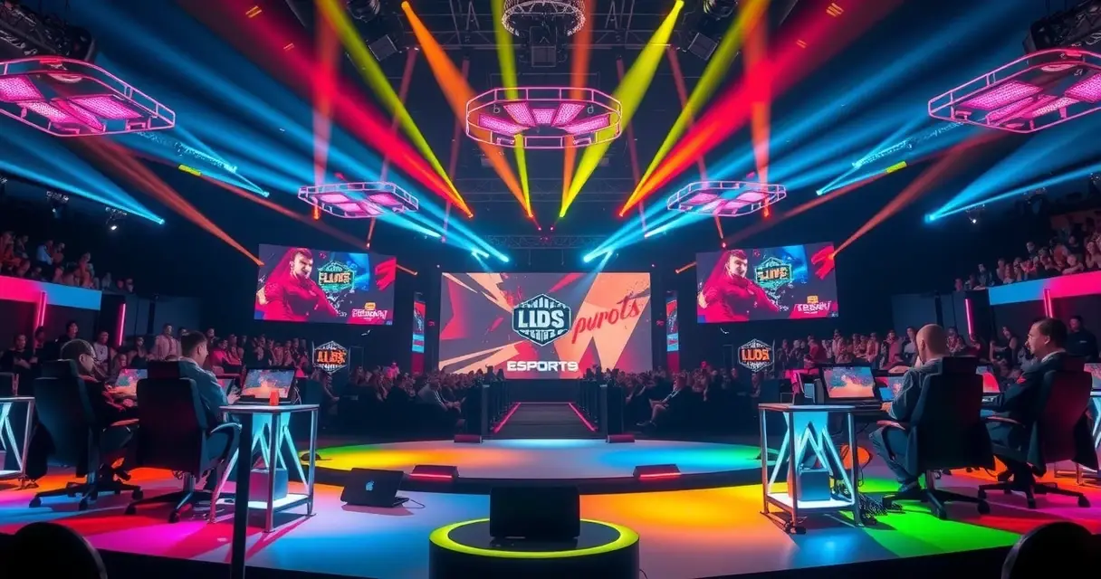 E-urheiluturnauksen areenan lavaste LED-valoilla ja pelaajapaikoilla