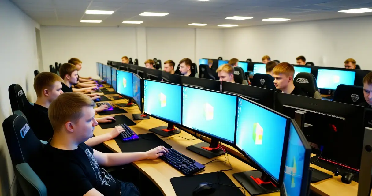Suomalaisia e-urheilijoita harjoittelemassa ammattimaisessa pelitilassa