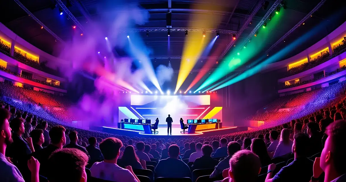 E-urheiluturnauksen areena t&auml;ynn&auml; katsojia kirkkaiden valojen alla