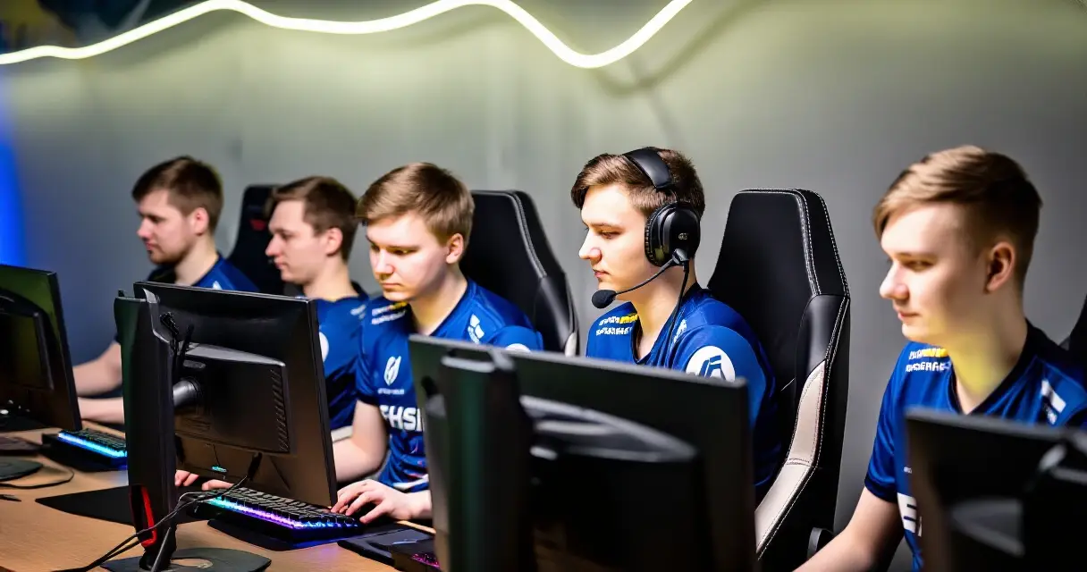 Suomalainen LoL-joukkue kilpapelaamassa ammattimaisessa esports-areenassa