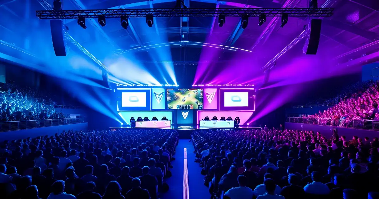 Suuri esports-tapahtuma-areena täynnä katsojia dramaattisessa valaistuksessa